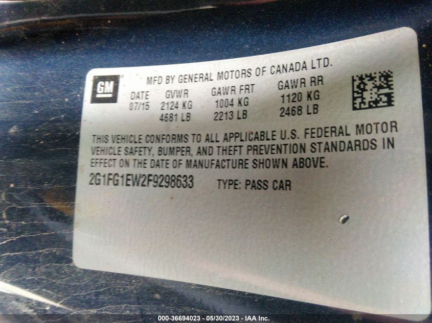 2015 CHEVROLET CAMARO SS - 2G1FG1EW2F9298633
