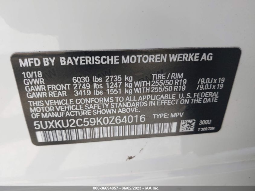 2019 BMW X6 XDRIVE35I - 5UXKU2C59K0Z64016