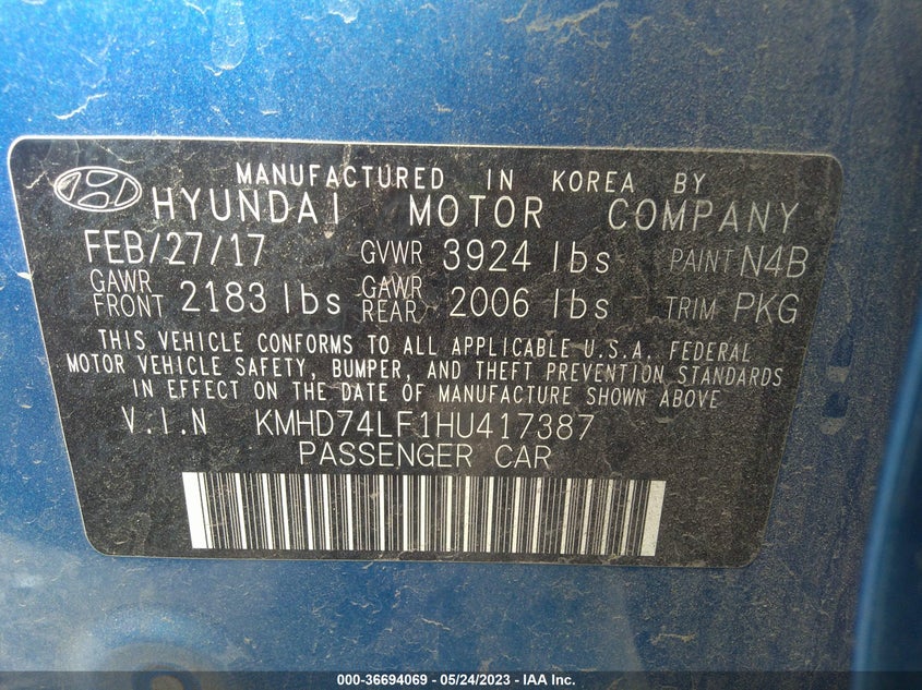VIN KMHD74LF1HU417387 2017 HYUNDAI ELANTRA SE