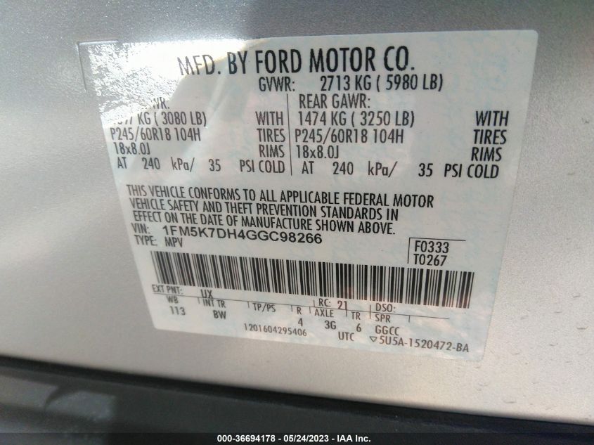 2016 FORD EXPLORER XLT - 1FM5K7DH4GGC98266