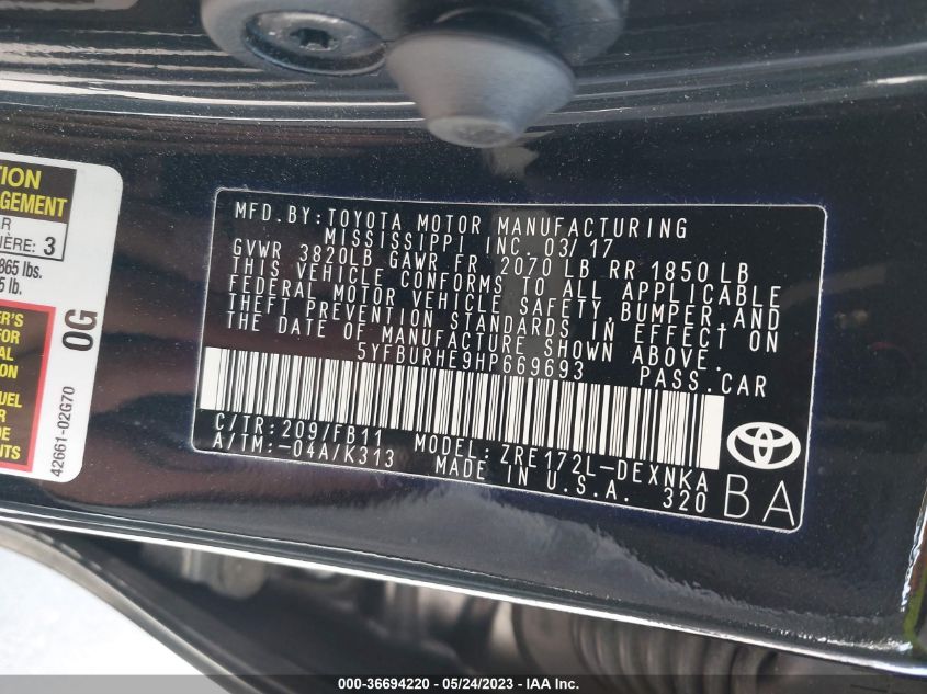 2017 TOYOTA COROLLA L/LE/XLE/SE - 5YFBURHE9HP669693