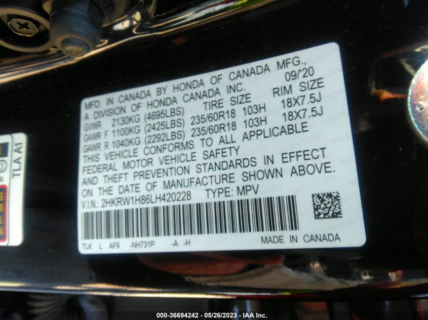 2020 HONDA CR-V EX-L - 2HKRW1H86LH420228