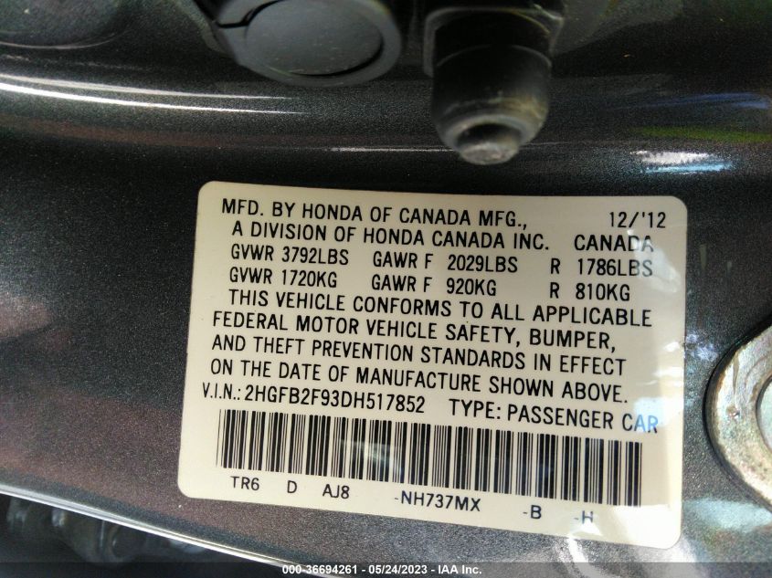2013 HONDA CIVIC SDN EX-L - 2HGFB2F93DH517852