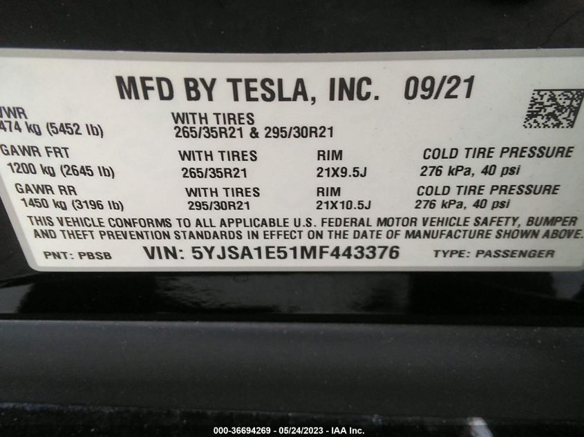 2021 TESLA MODEL S LONG RANGE - 5YJSA1E51MF443376