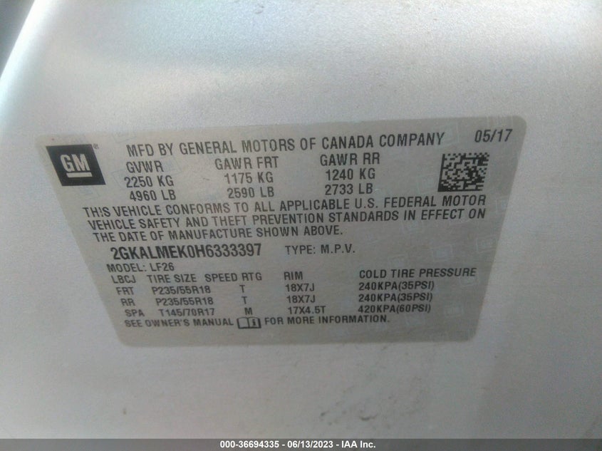VIN 2GKALMEK0H6333397 2017 GMC TERRAIN SLE