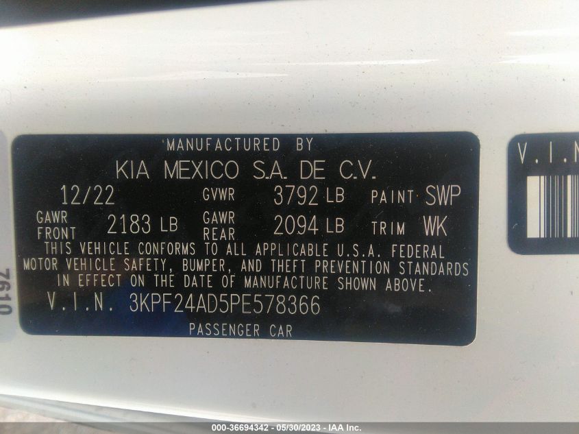 2023 KIA FORTE LXS - 3KPF24AD5PE578366