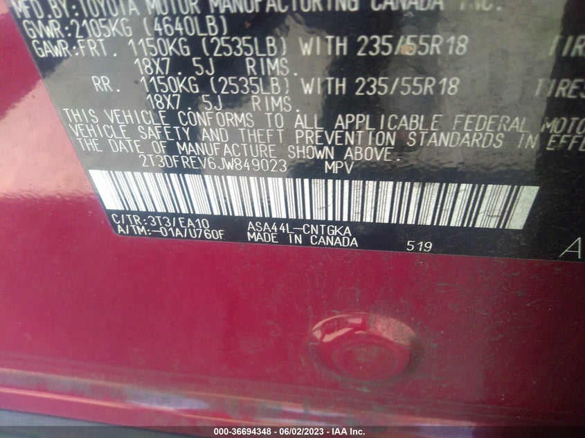 VIN 2T3DFREV6JW849023 2018 TOYOTA RAV4 LIMITED/PLATINUM