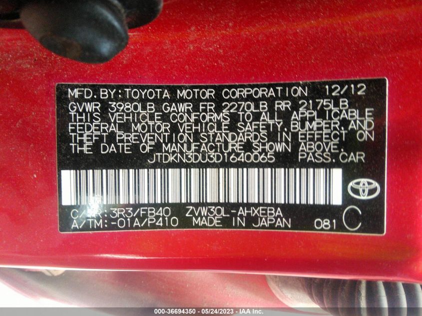 2013 TOYOTA PRIUS ONE/TWO/THREE/FOUR/FIVE - JTDKN3DU3D1640065