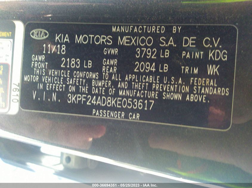 2019 KIA FORTE LXS - 3KPF24AD8KE053617