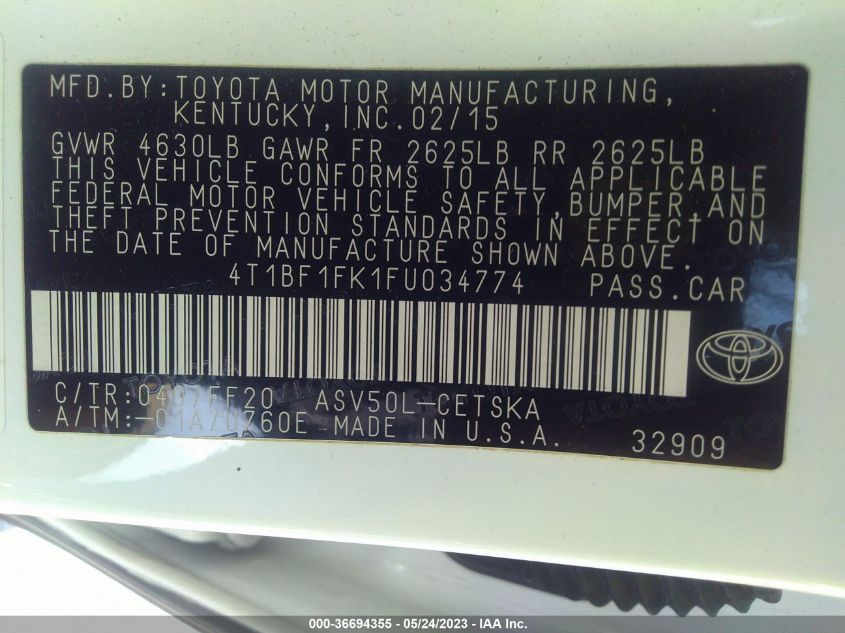 2015 TOYOTA CAMRY XLE/SE/LE/XSE - 4T1BF1FK1FU034774