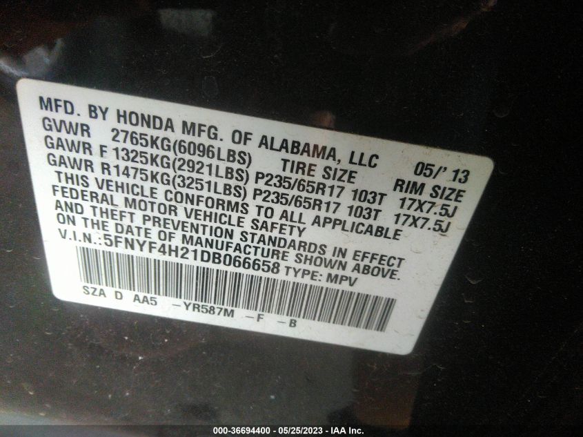2013 HONDA PILOT LX - 5FNYF4H21DB066658