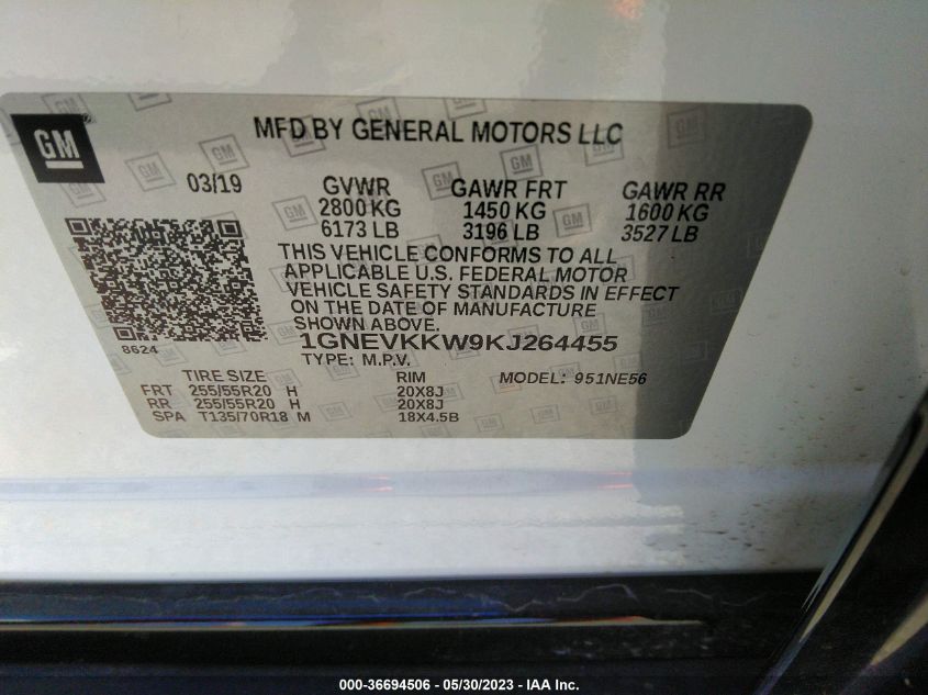 2019 CHEVROLET TRAVERSE PREMIER - 1GNEVKKW9KJ264455