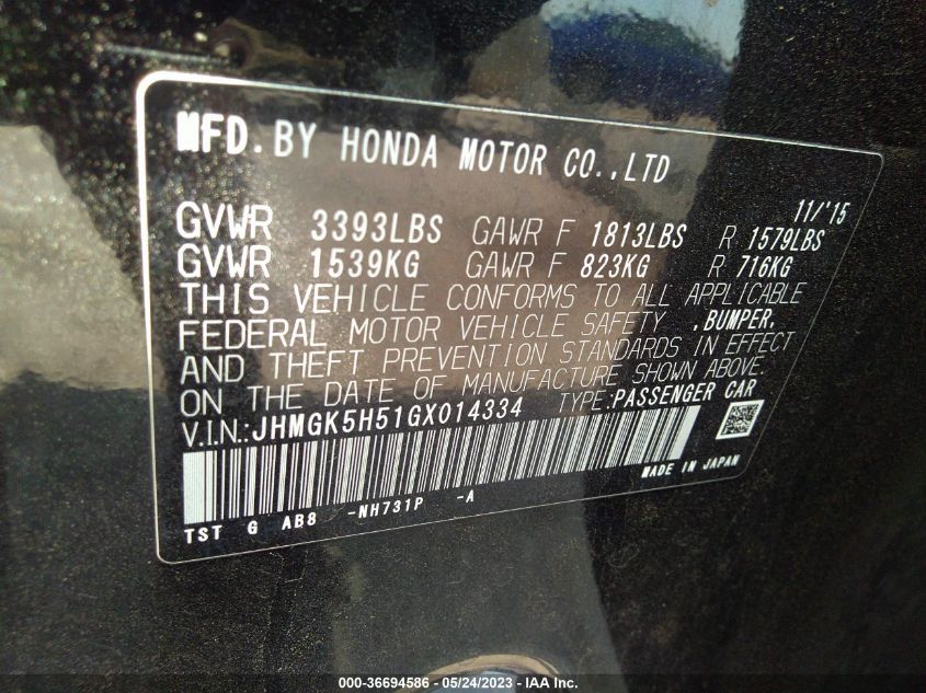 2016 HONDA FIT LX - JHMGK5H51GX014334