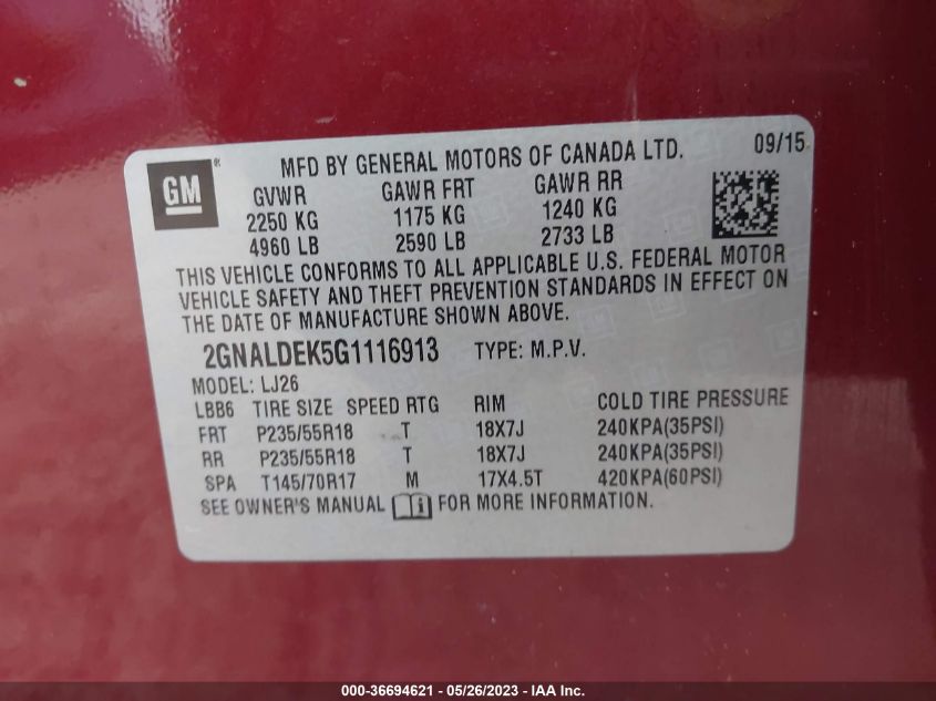 2016 CHEVROLET EQUINOX LTZ - 2GNALDEK5G1116913