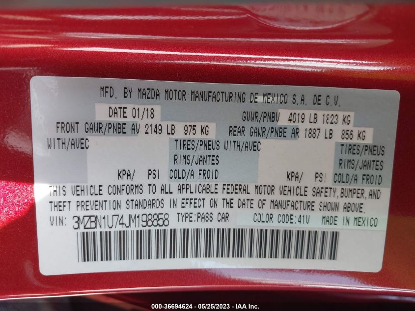 2018 MAZDA MAZDA3 4-DOOR SPORT - 3MZBN1U74JM198858