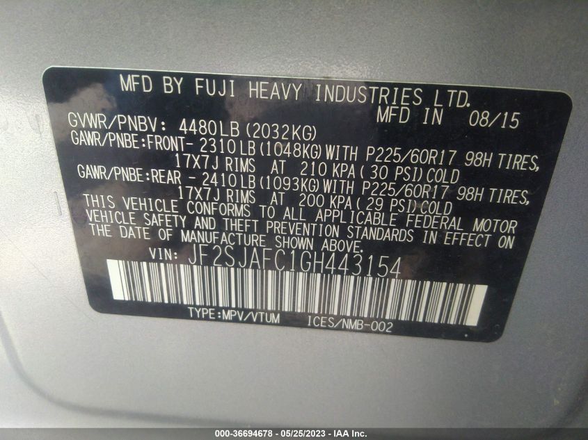 2016 SUBARU FORESTER 2.5I PREMIUM - JF2SJAFC1GH443154