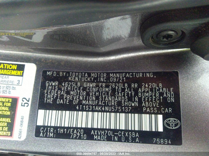 2022 TOYOTA CAMRY HYBRID - 4T1S31AK4NU575137