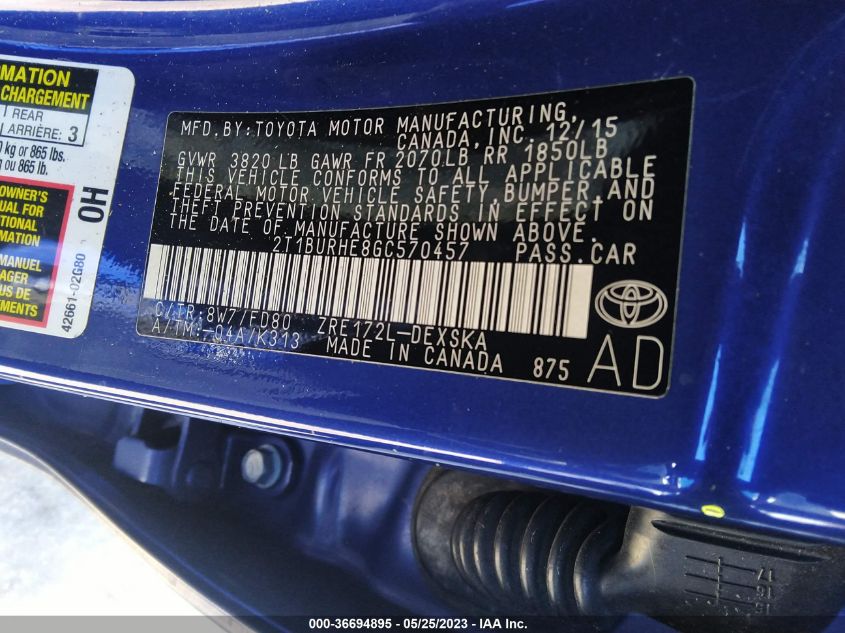 2016 TOYOTA COROLLA L/LE/S/S PLUS/LE PLUS - 2T1BURHE8GC570457