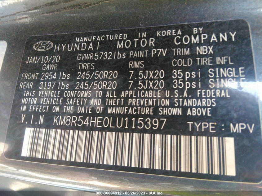 2020 HYUNDAI PALISADE LIMITED - KM8R54HE0LU115397