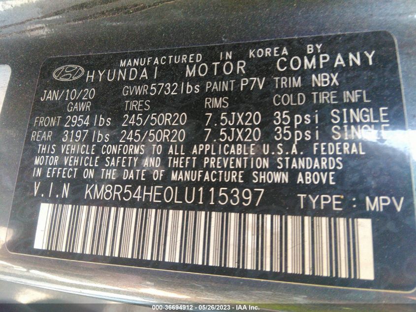 VIN KM8R54HE0LU115397 2020 HYUNDAI PALISADE no.9