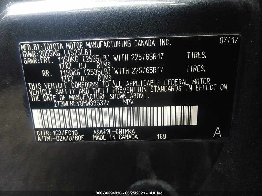 VIN 2T3WFREV8HW395327 2017 TOYOTA RAV4 XLE