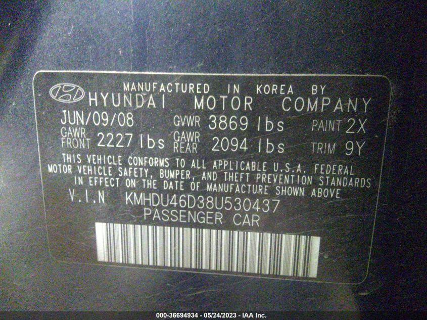 KMHDU46D38U530437 | 2008 HYUNDAI ELANTRA