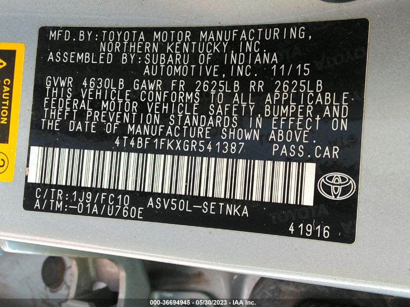 2016 TOYOTA CAMRY XLE/SE/LE/XSE - 4T4BF1FKXGR541387