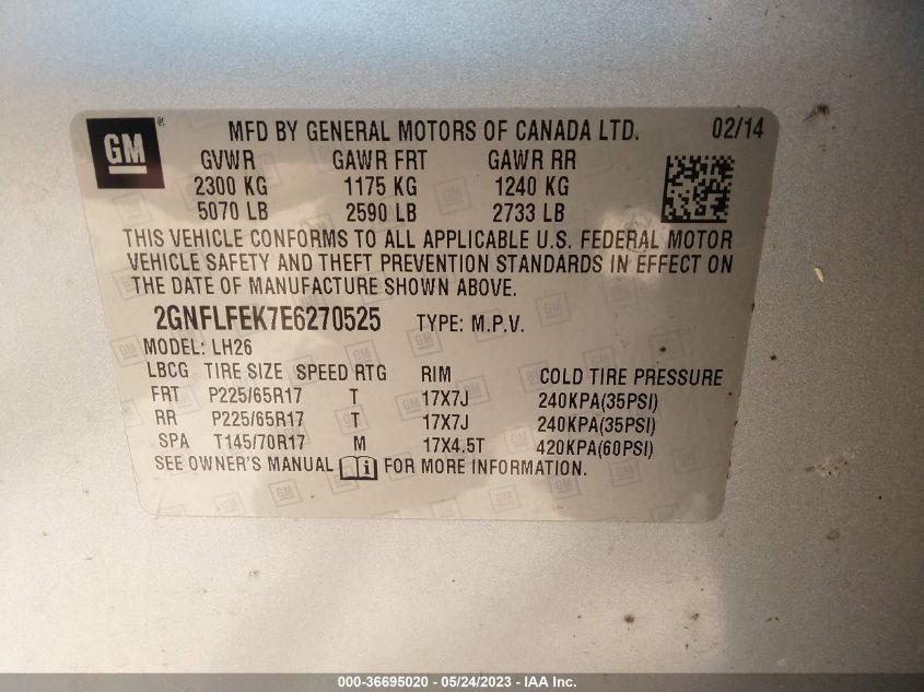 2014 CHEVROLET EQUINOX LT - 2GNFLFEK7E6270525
