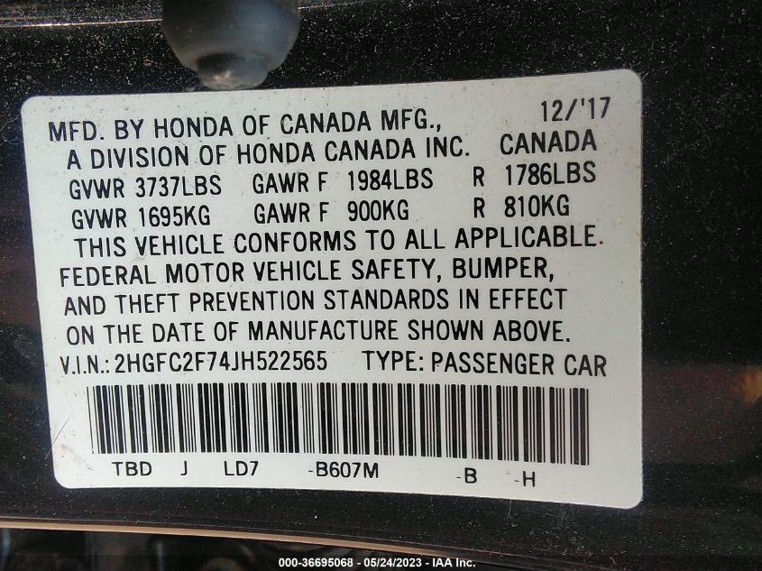 2018 HONDA CIVIC SEDAN EX - 2HGFC2F74JH522565