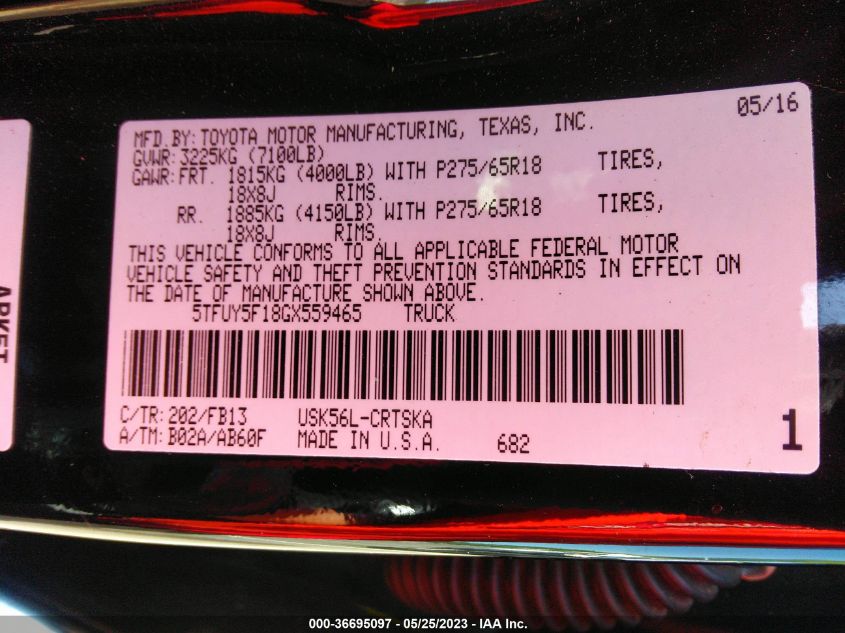 2016 TOYOTA TUNDRA 4WD TRUCK SR/SR5/TRD PRO - 5TFUY5F18GX559465