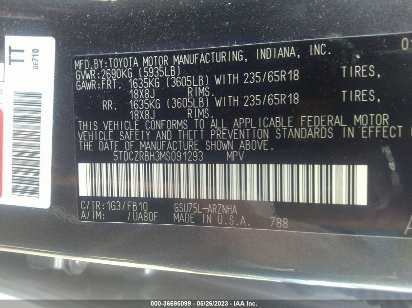 2021 TOYOTA HIGHLANDER L - 5TDCZRBH3MS091293