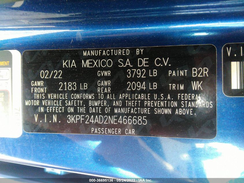 2022 KIA FORTE LXS - 3KPF24AD2NE466685
