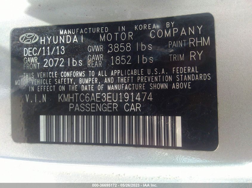 2014 HYUNDAI VELOSTER TURBO - KMHTC6AE3EU191474