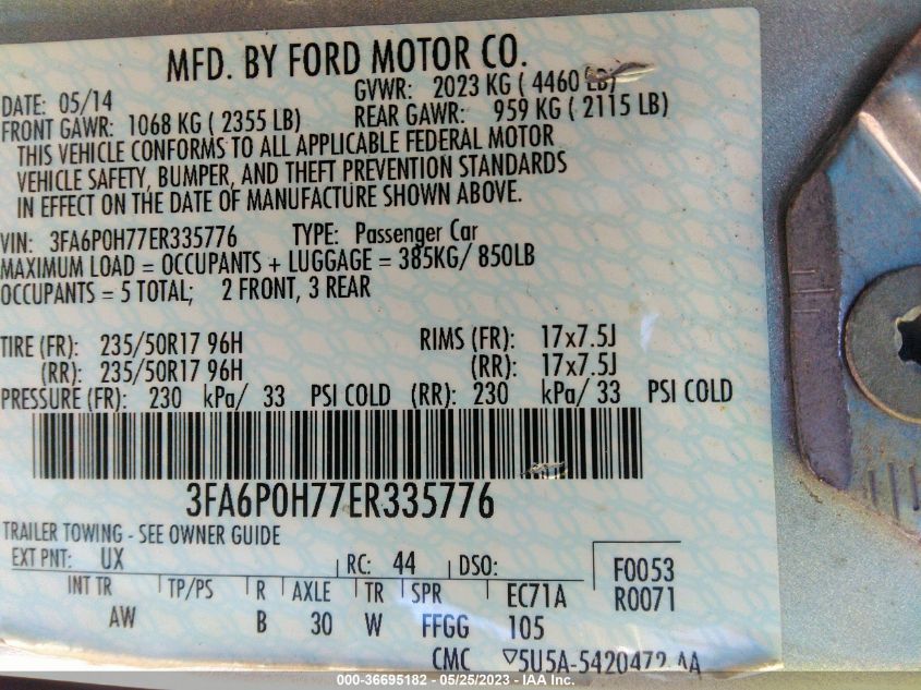 2014 FORD FUSION SE - 3FA6P0H77ER335776