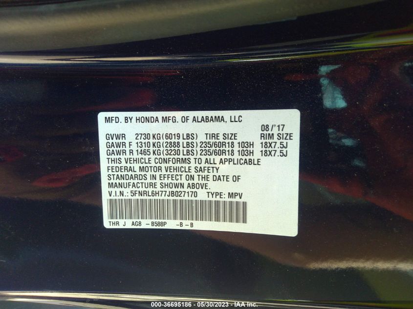 2018 HONDA ODYSSEY EX-L - 5FNRL6H77JB027170