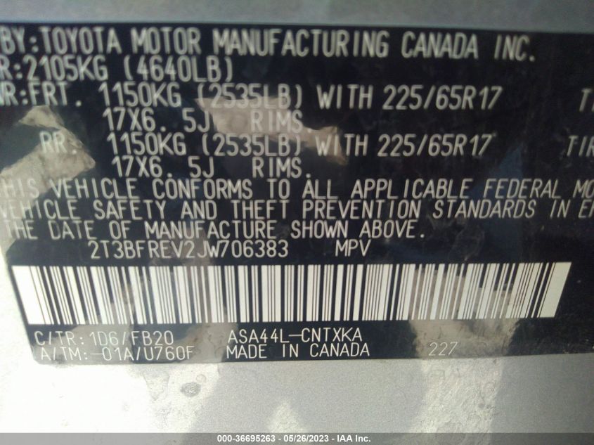 2018 TOYOTA RAV4 LE - 2T3BFREV2JW706383