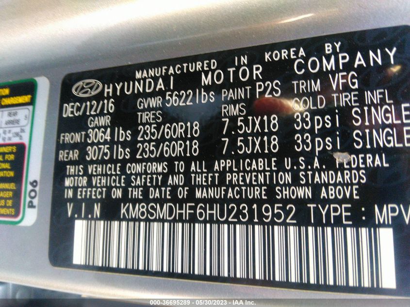 2017 HYUNDAI SANTA FE SE - KM8SMDHF6HU231952