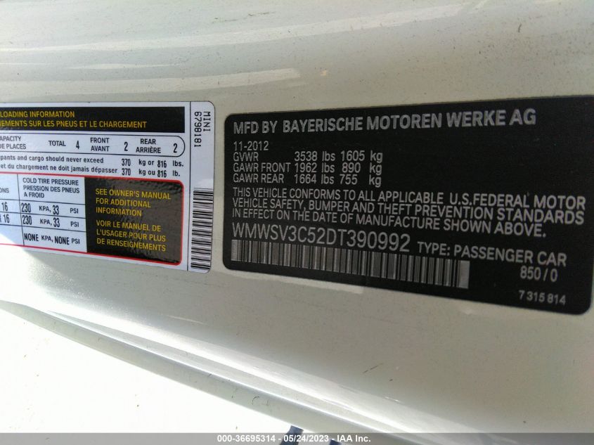 2013 MINI COOPER HARDTOP S - WMWSV3C52DT390992