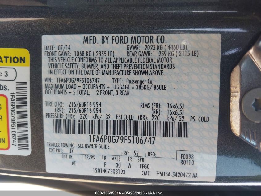 2015 FORD FUSION S - 1FA6P0G79F5106747