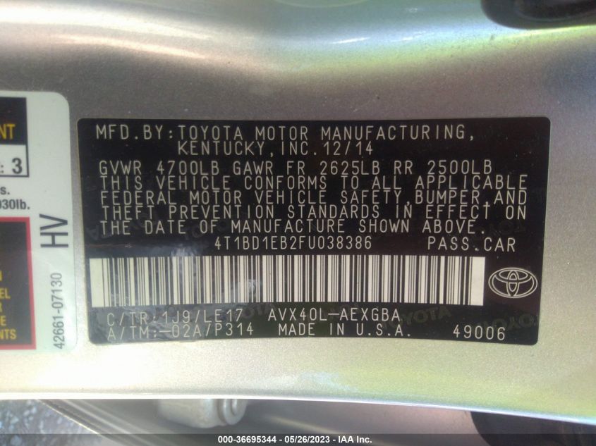 2015 TOYOTA AVALON HYBRID XLE TOURING/LIMITED 4T1BD1EB2FU038386