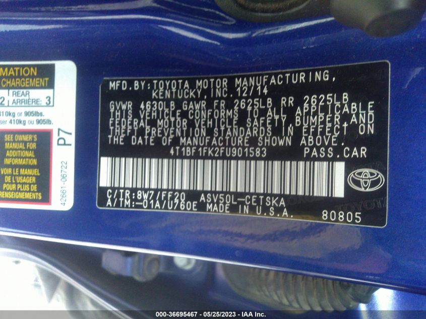 2015 TOYOTA CAMRY XLE/SE/LE/XSE - 4T1BF1FK2FU901583