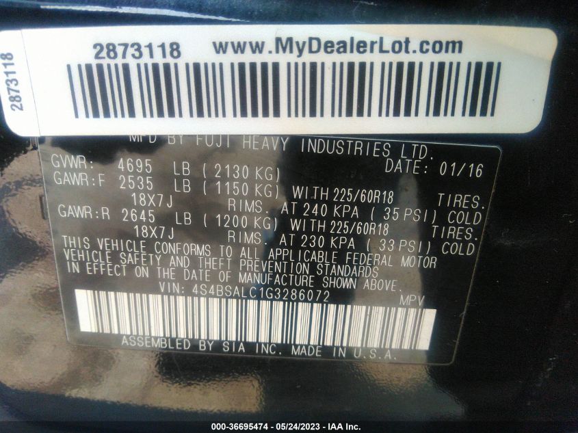 2016 SUBARU OUTBACK 2.5I LIMITED - 4S4BSALC1G3286072