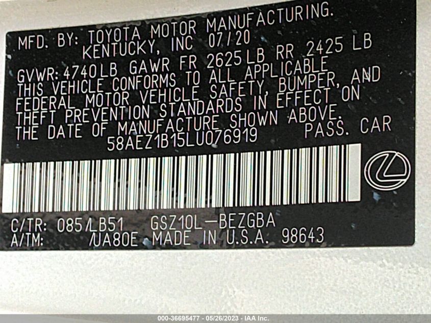 2020 LEXUS ES ES 350 LUXURY - 58AEZ1B15LU076919