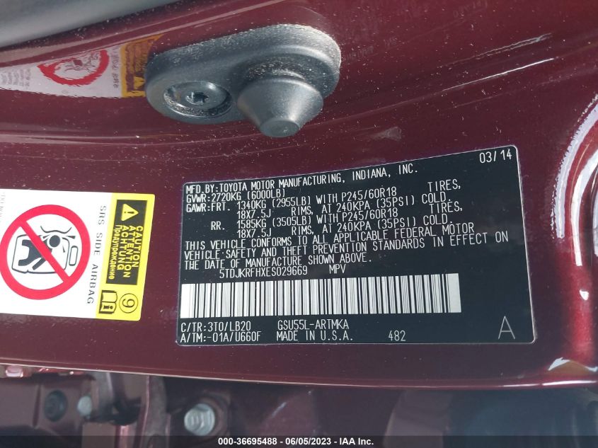 2014 TOYOTA HIGHLANDER XLE - 5TDJKRFHXES029669
