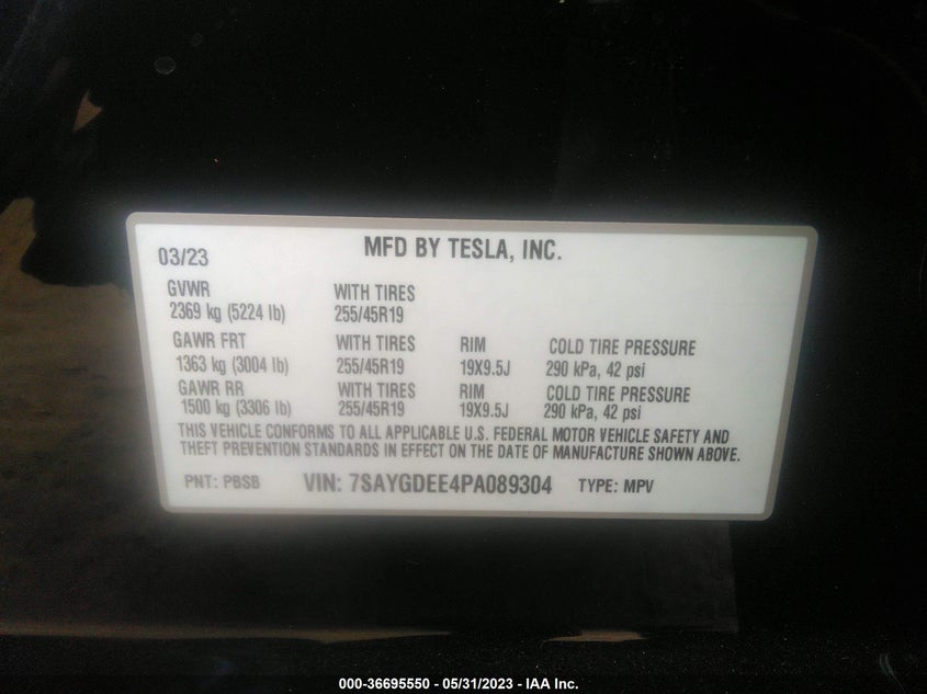VIN 7SAYGDEE4PA089304 2023 TESLA MODEL Y LONG RANGE