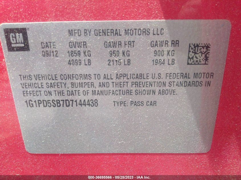 2013 CHEVROLET CRUZE 1LT - 1G1PD5SB7D7144438