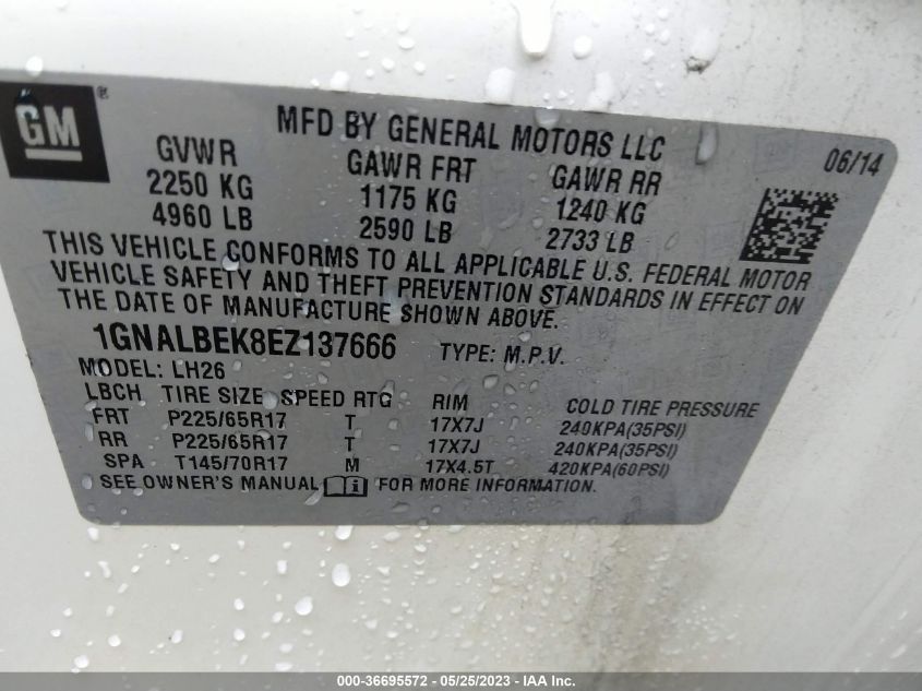 2014 CHEVROLET EQUINOX LT - 1GNALBEK8EZ137666