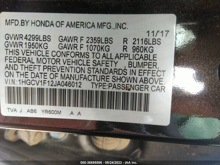 2018 HONDA ACCORD SEDAN LX 1.5T - 1HGCV1F12JA046012