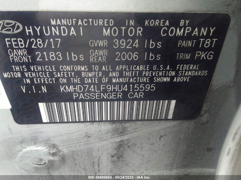2017 HYUNDAI ELANTRA SE - KMHD74LF9HU415595