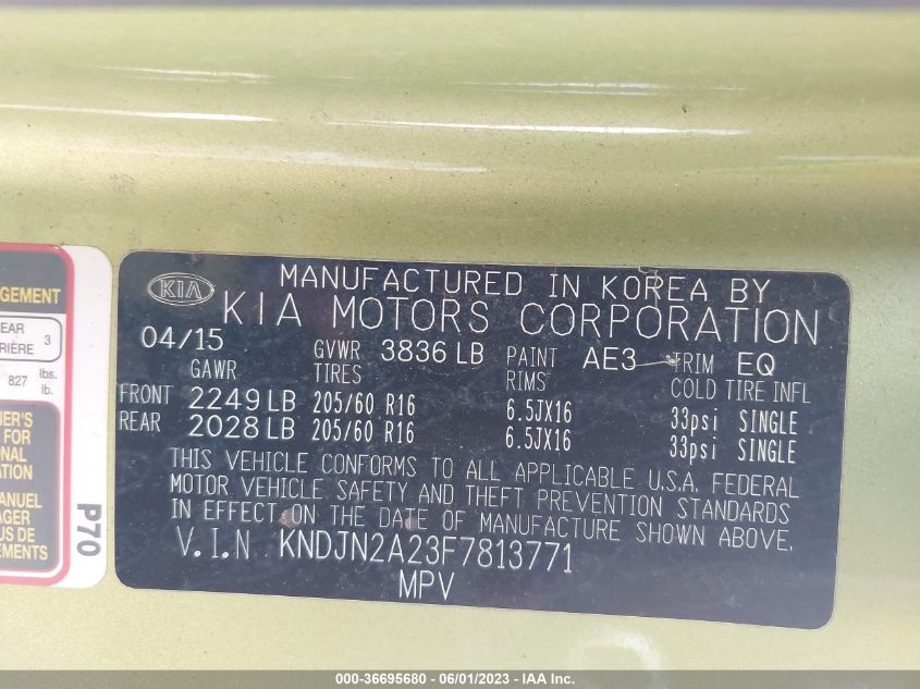 2015 KIA SOUL BASE - KNDJN2A23F7813771